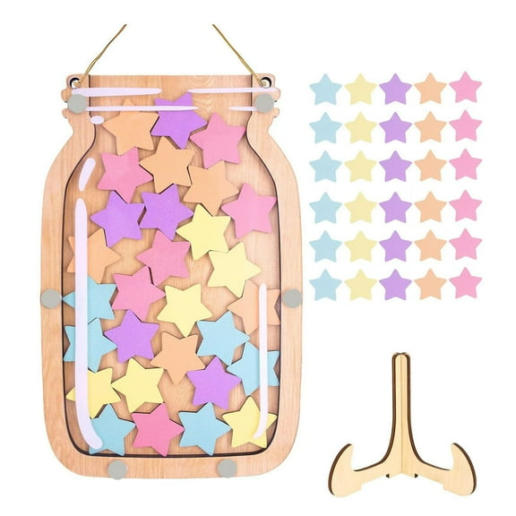 BigTiny Wooden Reward Jar with 25 Colorful Stars Flowers Kids Students Potty Training Positive Behavior Chart System Home Classroom Management Tool