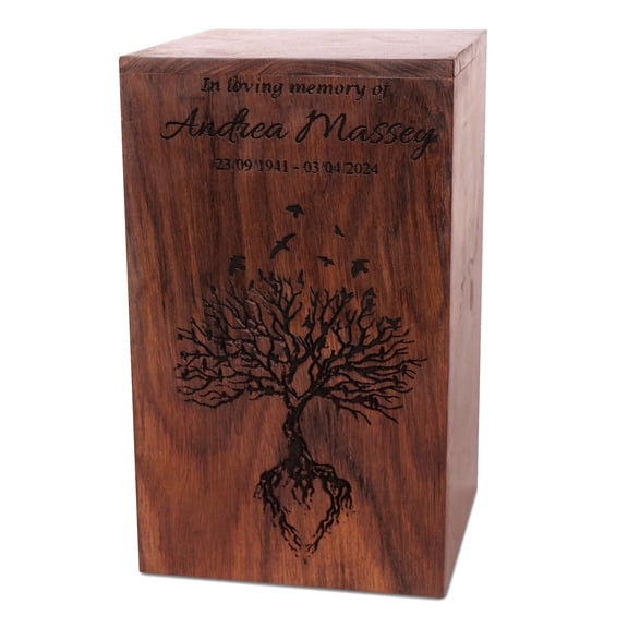 BigWoodWorks Personalized 21 Tower Birds Wooden Urn Storage Box for Ashes Cremation with Nice Velvet Bag, Rosewood (Small)