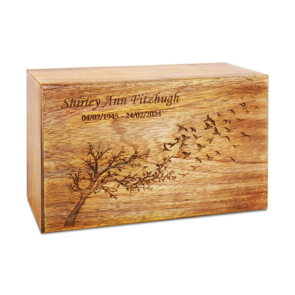 BigWoodWorks Personalized Wooden Memorial Urn for Human & Pet, Tree Design with Birds, Custom Engraving(Small)