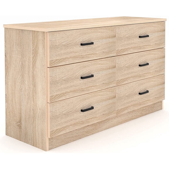 Dresser for Bedroom, 6 Drawer Double Dresser, Modern Chest of Drawers with Deep Drawers, TV Stand Large Storage Organizer for Living Room, Closet (Light Oak)