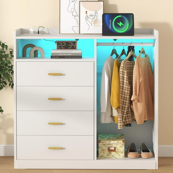 Bigbiglife Dresser with Clothes Rack for Bedroom Wood, 4 Drawer Dresser White with LED Lights and Power Outlet, 15.7" D x 43.3" W x 45.7" H, Tall Storage Chest of Drawers with Flexible Shelf (White)