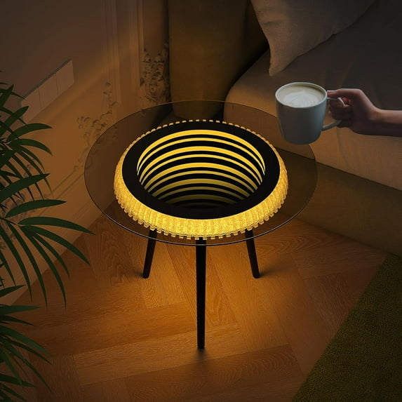 Bigbiglife Round Table, Side Table with Led Light, Luxury Metal End Table with 3D Mirror, Glass Dining Table for Home Living Room Bedroom Deskroom Office 20Inx20In