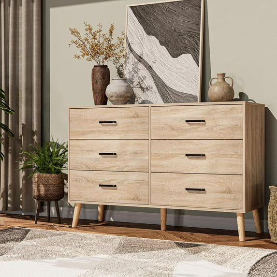 Bigbiglife Wood Dresser for Bedroom, 6 Drawer Dresser with Metal Handles, Mid Century Modern Dresser Double Chest of Drawer (Light Oak)