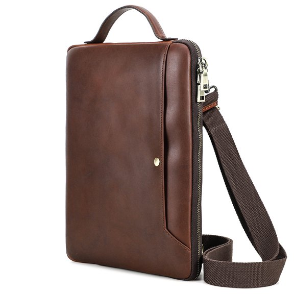 Bigcan Leather Laptop Shoulder Bag Customizable 14.2 MacBook Sleeve, Vintage Leather with Adjustable Strap, External Zipper Pocket, and Suede Lining