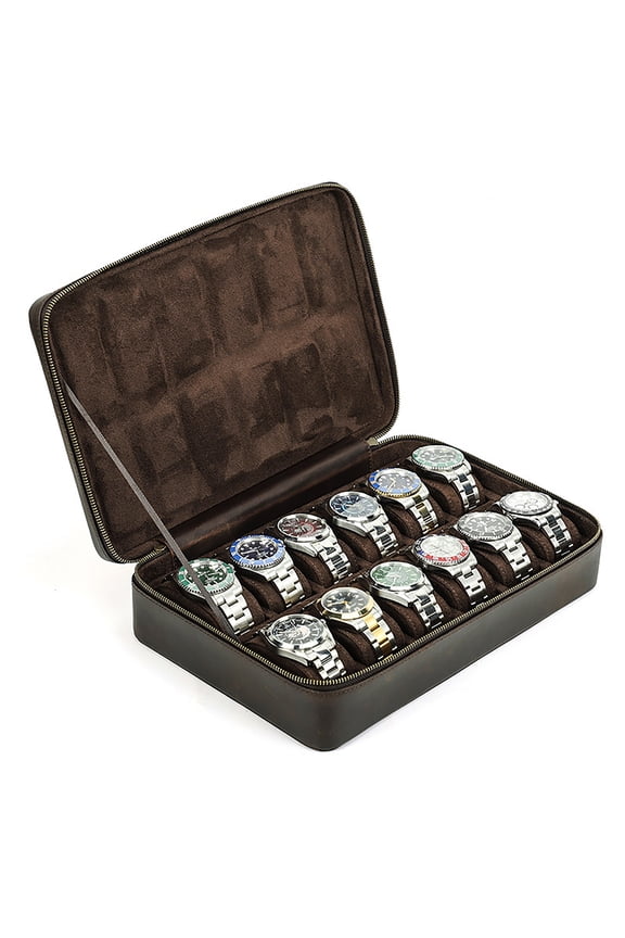 Leather Watch Storage Box - 12-Slot Vintage-Style Organizer with Dual Zipper, Fabric Organ Strap, and Travel-Friendly Design for Watch Display and Protection