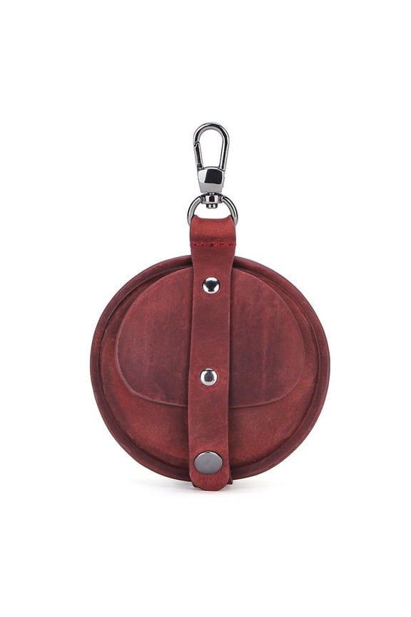 Round Leather Case for AirPods Pro 2 – Crazy Horse Leather Protective Pouch with Snap Closure, Keychain Clip, and Compact Pocketable Design