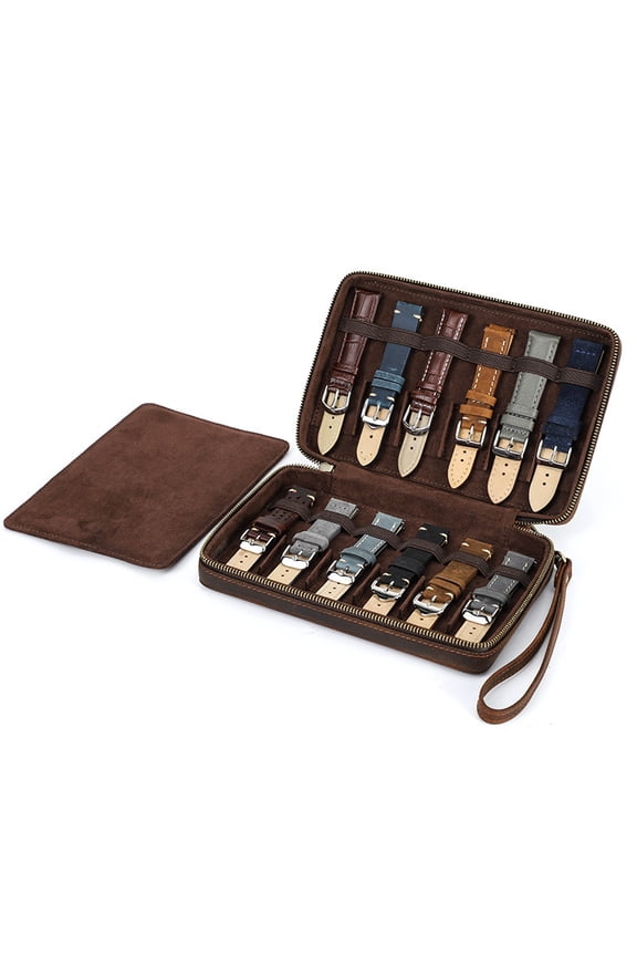Vintage Crazy Horse Leather Watch Band Storage Box 12 Slot Travel Case for Watch Straps