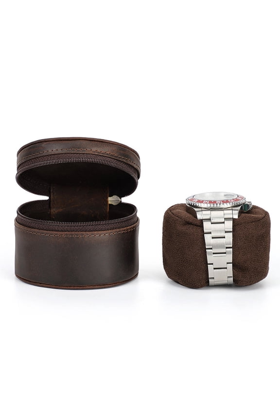 Vintage Leather Single Watch Case  Round Zippered Travel Watch Storage Box with Soft Interior Cushion and Customizable Engraving