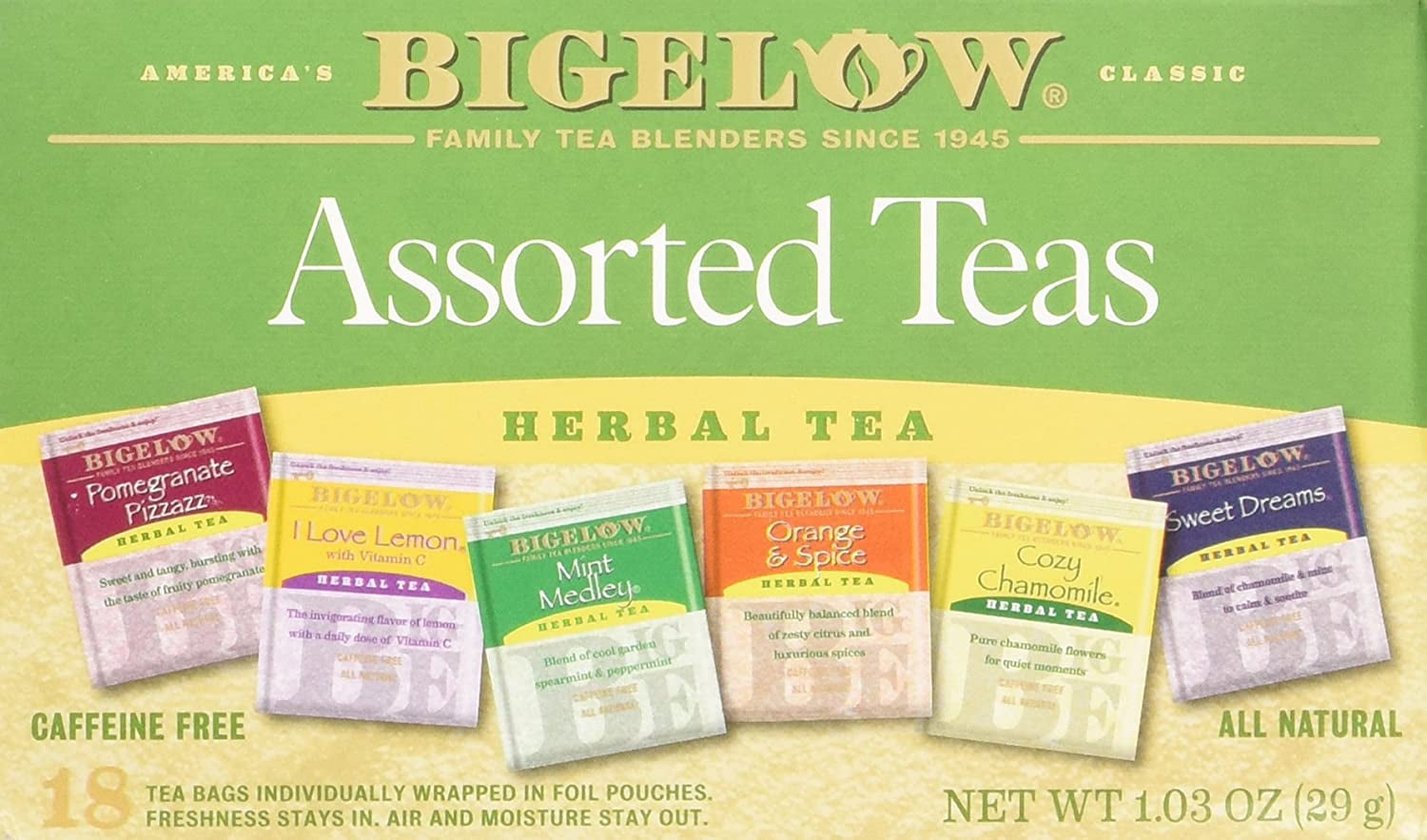 Bigelow Assorted Herbal Teas, 18 Count, Pomegranate Pizzazz, Mint Medley, I Love Lemon, Cozy