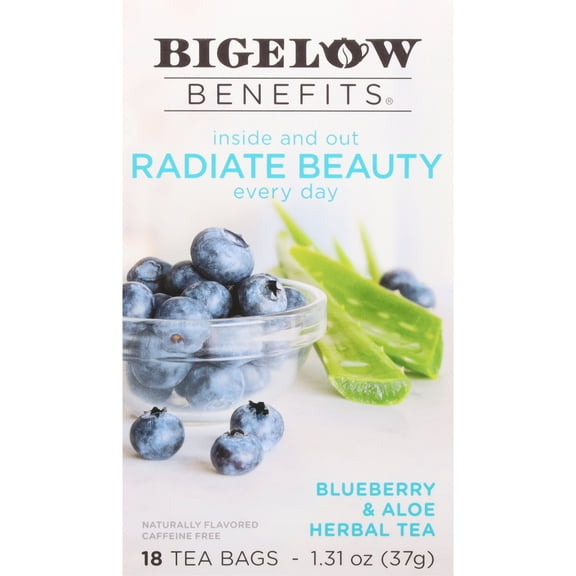 Bigelow Benefits Blueberry Aloe, Radiate Beauty, Caffeine-Free Herbal Tea Bags, 18 Count