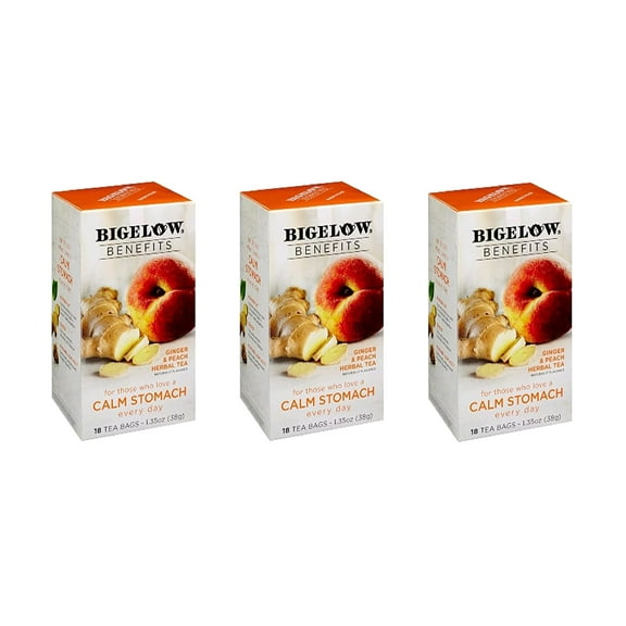 Bigelow Benefits Ginger & Peach Herbal Tea , PACK OF 3 (54 tea bags)
