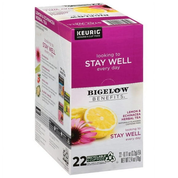 Bigelow Benefits STAY WELL Lemon & Echinacea Caffeine-Free Herbal Tea, K-Cup Pods, 22 Pods