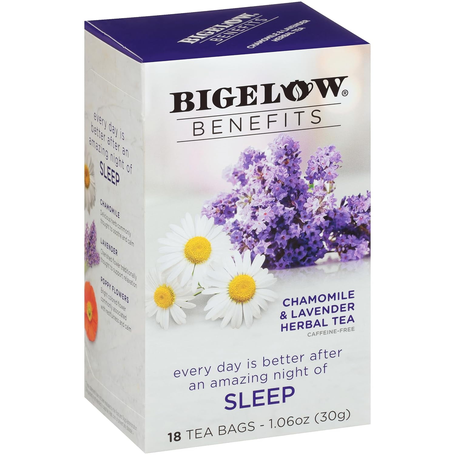Bigelow Benefits Sleep Chamomile Lavender Herbal Tea, Caffeine Free, 18