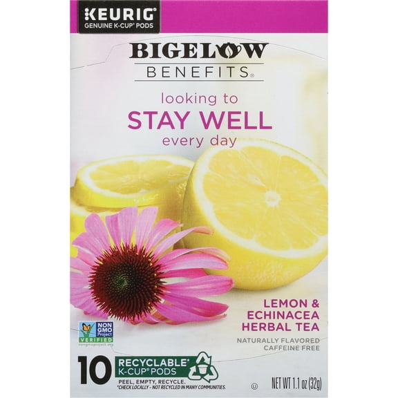 Bigelow Benefits Stay Well Lemon Echinacea, Caffeine-Free Herbal Tea, Keurig K-Cup Pods, 10 Count