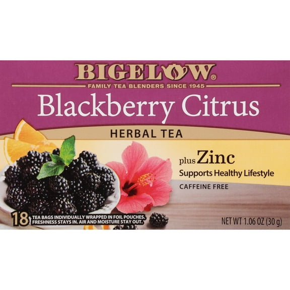 Bigelow Blackberry Citrus Plus Zinc, Caffeine Free, Herbal Tea Bags, 18 Count