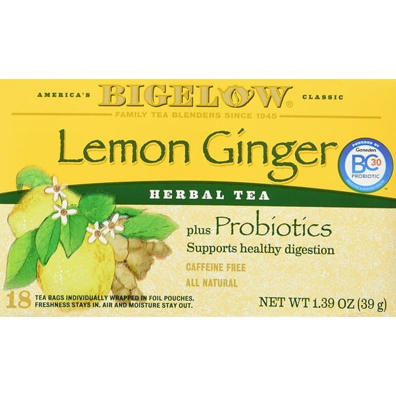 Bigelow Classic Lemon Ginger Herbal Tea Plus Probiotics 18 Bags (3 Pack) Packaging May Vary