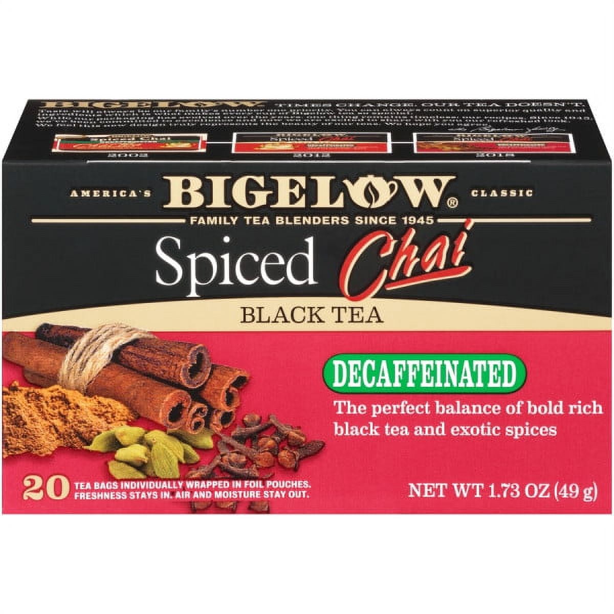 Bigelow Decaffeinated Black Tea, Spiced Chai, Tea Bags, 20 Count