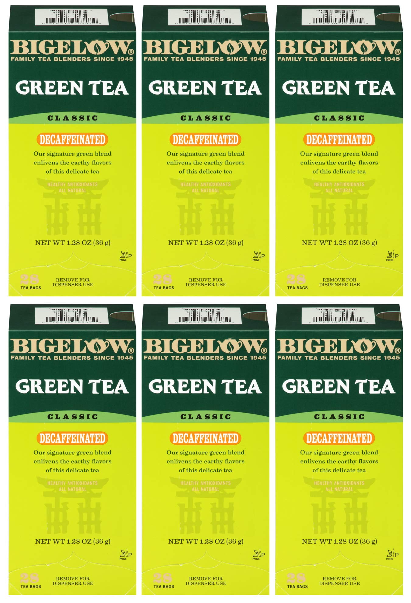 Bigelow Decaffeinated Green Tea 28Count Boxes (Pack Of 6) Premium Bagged CaffeineFree Green