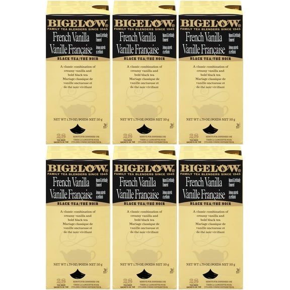 Bigelow French Vanilla Tea 28-Count Boxes (Pack Of 6) Premium Black Tea Flavored With Vanilla Antioxidant-Rich Gluten-Free Full-Caffeine Tea In Foil-Wrapped Bags