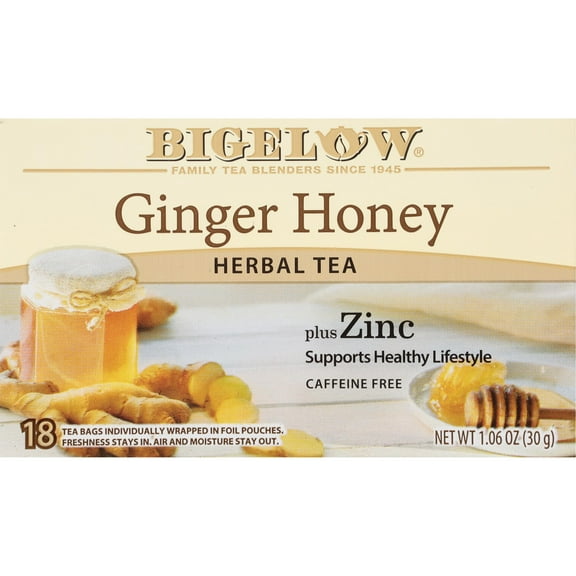 Bigelow Ginger Honey Plus Zinc, Caffeine Free, Herbal Tea Bags, 18 Count
