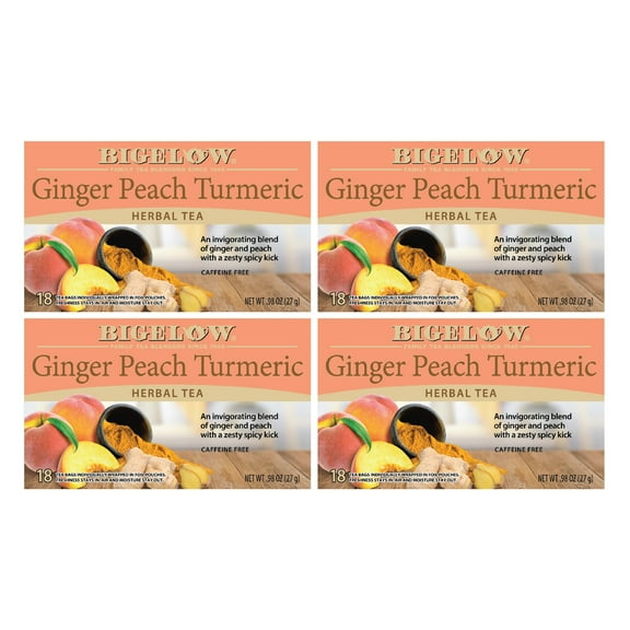 Bigelow Ginger Peach Turmeric, Caffeine Free, Herbal Tea Bags, 72 Count (4 Packs of 18)