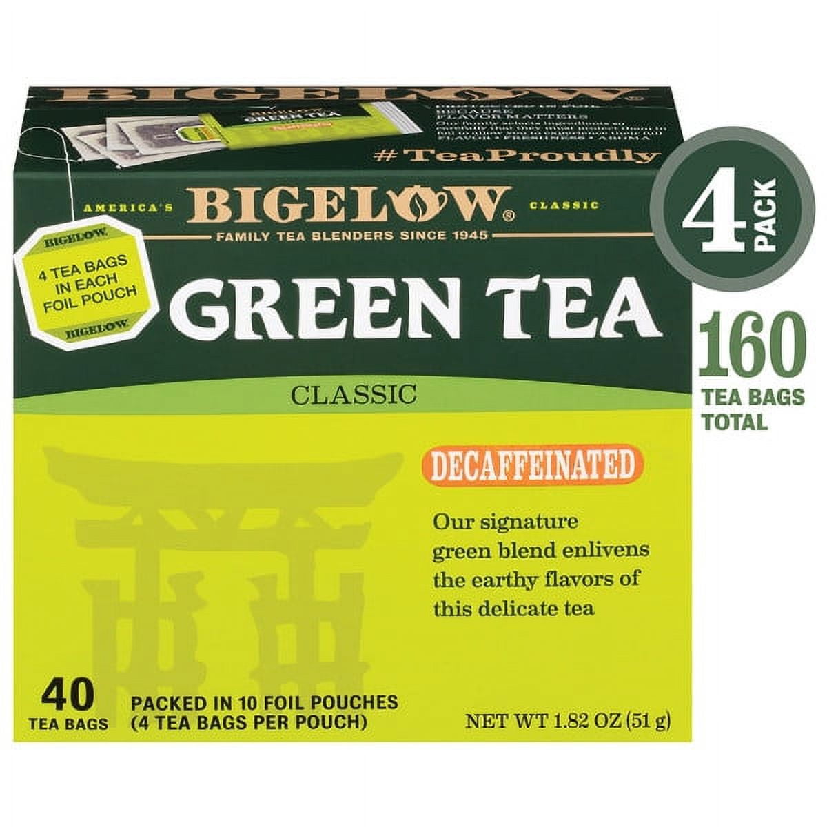 (4 Boxes) Bigelow Green Tea Decafeinated, Tea Bags, 40 Ct