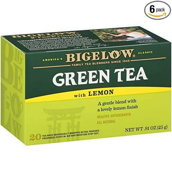 Bigelow Green Tea with Lemon Tea Bags 20-Count Boxes (Pack of 6), 120 Tea Bags Total. Caffeinated Individual Green Tea Bags, for Hot or Iced Tea, Drink Plain or Sweetened with Honey or Sugar