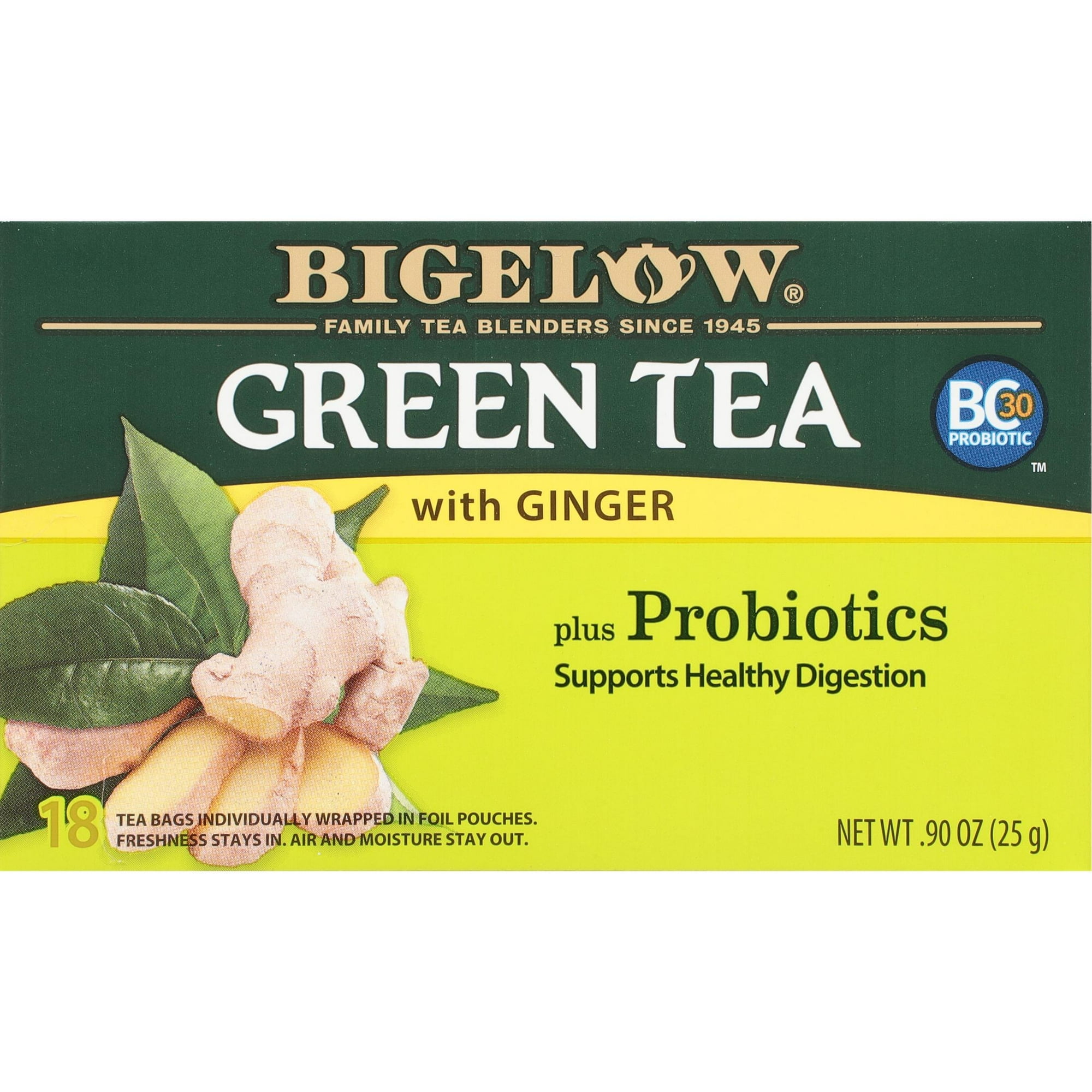 Bigelow Green Tea With Ginger Plus Probiotics Green Tea Bags, 18 Count-Pack Of 4