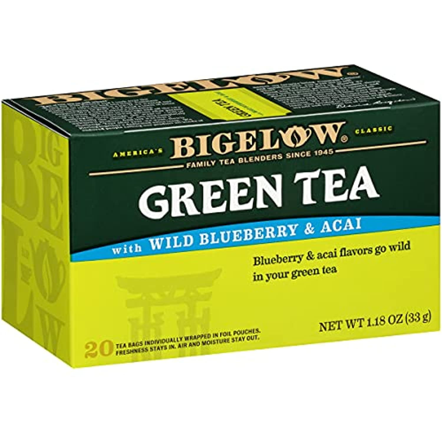 Bigelow Green Tea With Wild Blueberry & Acai, 20 Count Box (Pack Of 6), Caffeinated Green Tea, 120 Teabags Total
