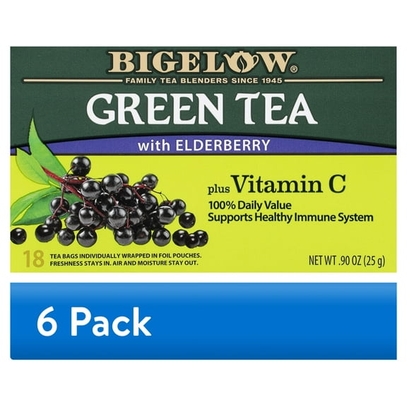 (6 pack) Bigelow Green Tea with Elderberry, Plus Vitamin C, Tea Bags, 18 Count