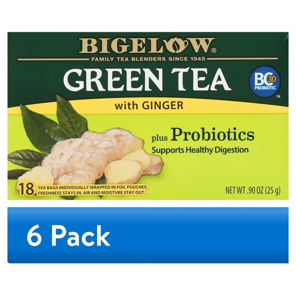 (6 pack) Bigelow Green Tea with Ginger Plus Probiotics Green Tea Bags, 18 Count