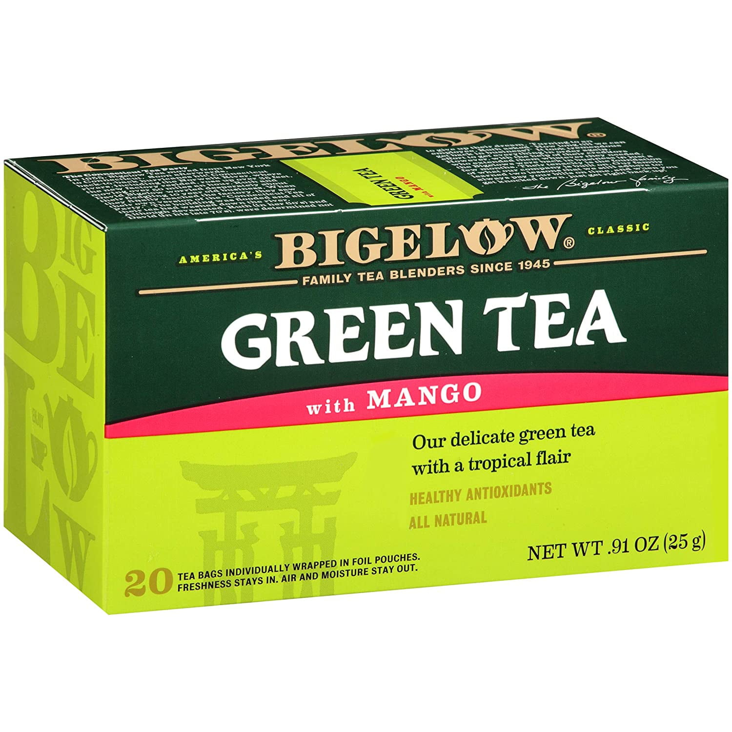Bigelow Green Tea with Mango Tea Bags, 20 Count Box (Pack of 6) Caffeinated Green Tea, 120 Tea Bags Total