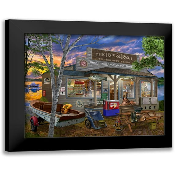 Bigelow Illustrations- Exclusive 14x12 Black Modern Framed Museum Art Print Titled - The Rod and Reel