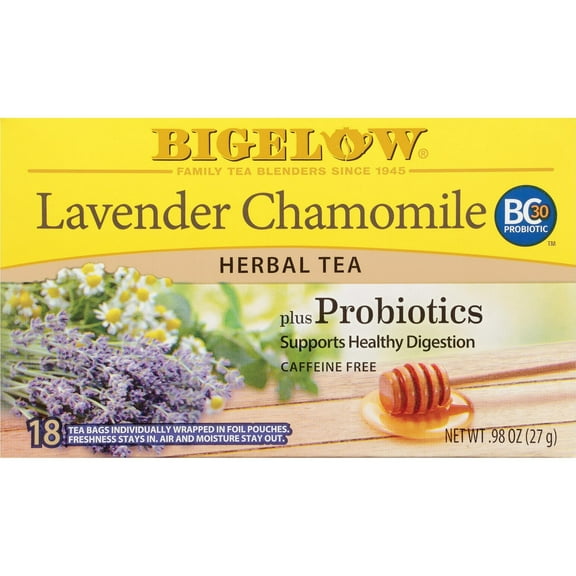 Bigelow Lavender Chamomile Plus Probiotics, Caffeine Free, Herbal Tea Bags, 18 Count (Pack of 2)