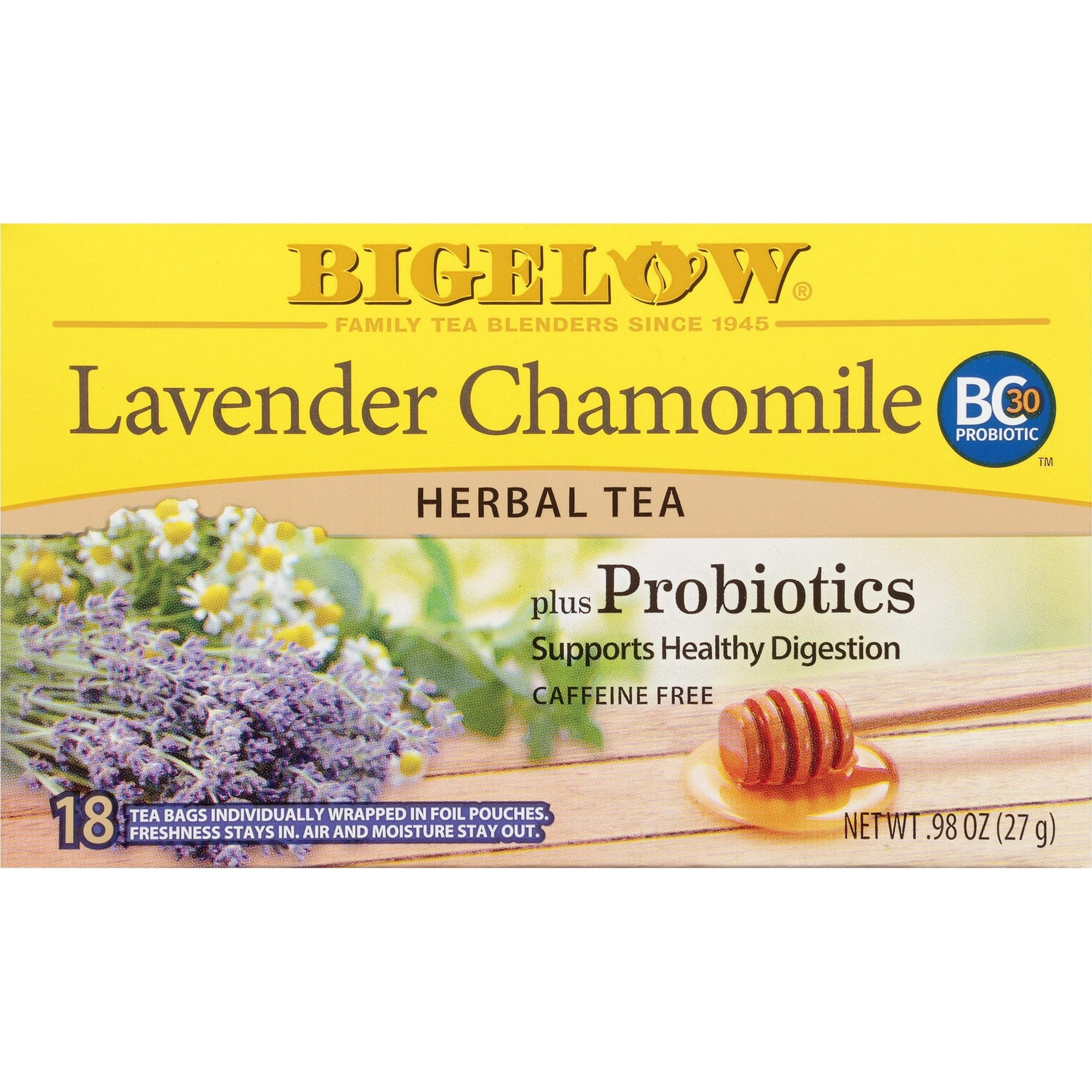 Bigelow Lavender Chamomile Plus Probiotics, Caffeine Free, Herbal Tea Bags, 18 Count (Pack of 4)