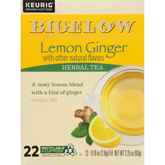 Bigelow Lemon Ginger, Caffeine-Free Herbal Tea, Keurig K-Cup Tea Pods, 22 Count