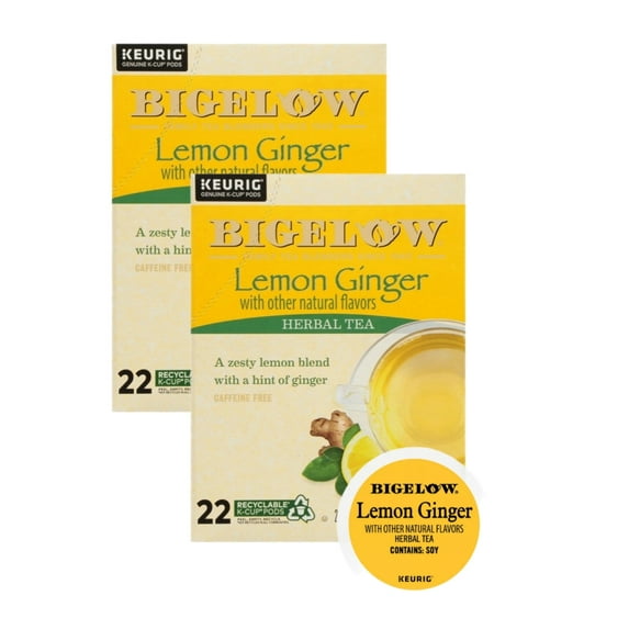 Bigelow Lemon Ginger Herbal Tea K Cups 2 Pack, Each Box Contains 22 K Cups, Caffeine Free