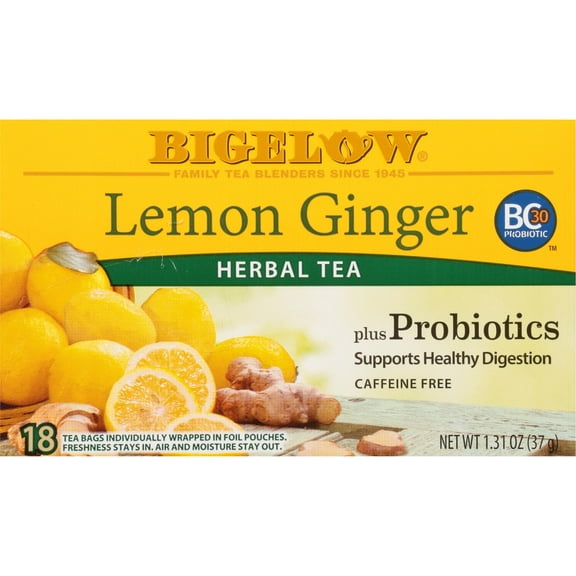 Bigelow Lemon Ginger Plus Probiotics, Caffeine-Free, Herbal Tea, 18 Tea Bags