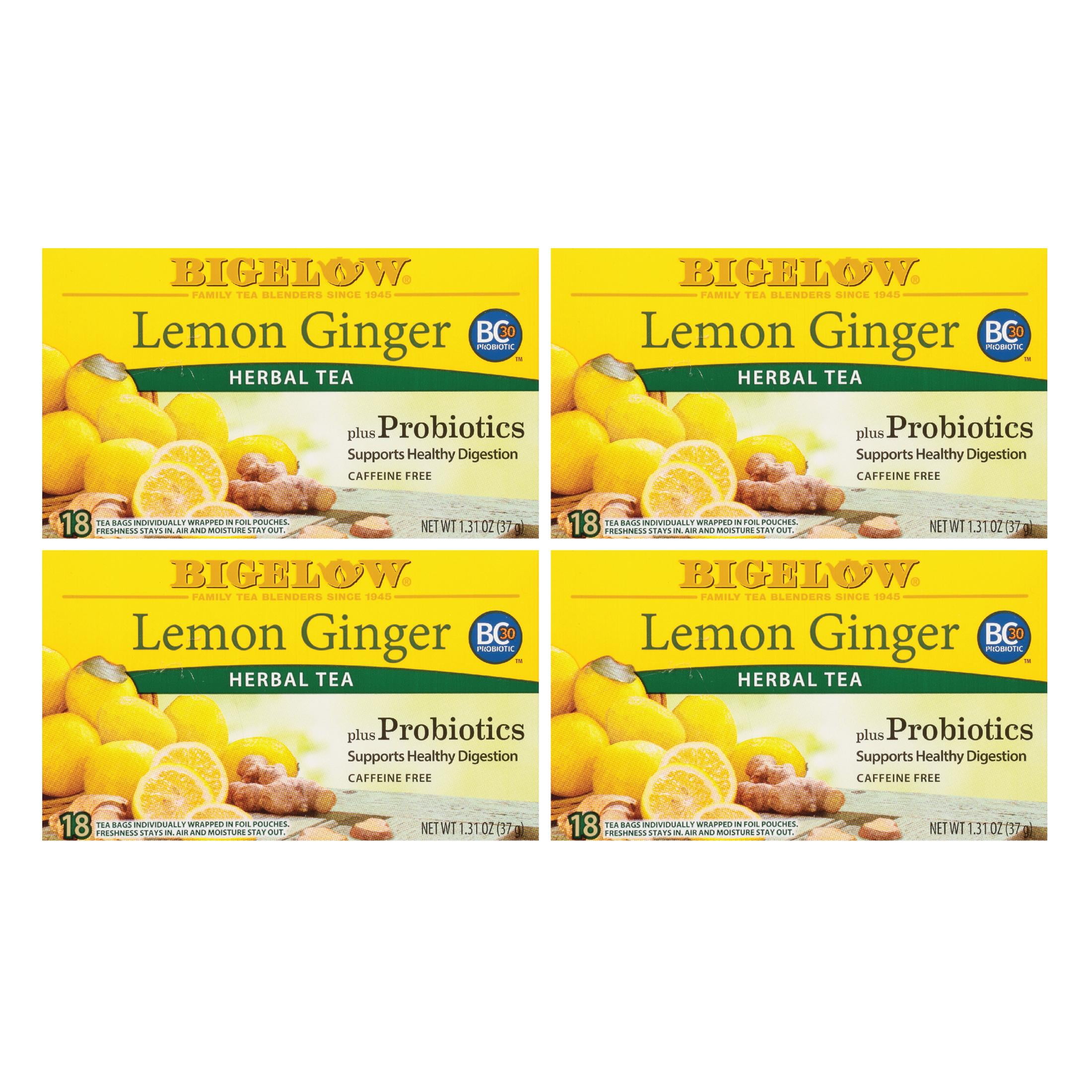 Bigelow Lemon Ginger Plus Probiotics, Caffeine Free, Herbal Tea Bags, 72 Count (4 Packs of 18