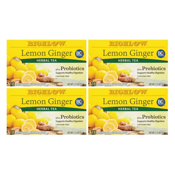 Bigelow Lemon Ginger Plus Probiotics, Caffeine Free, Herbal Tea Bags, 72 Count (4 Packs of 18)