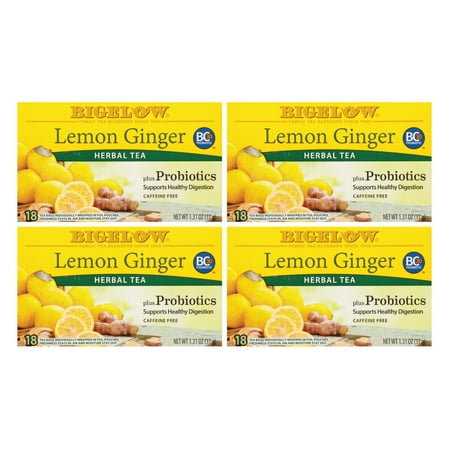 Bigelow Lemon Ginger Plus Probiotics, Caffeine Free, Herbal Tea Bags, 72 Count (4 Packs of 18)