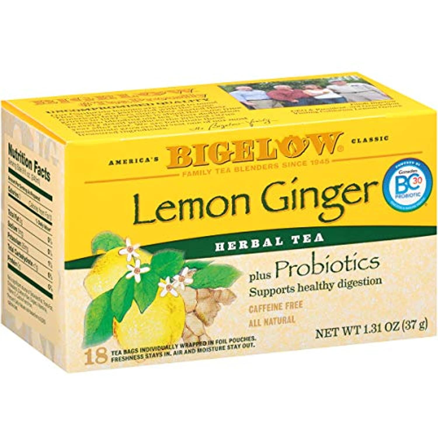 Bigelow Lemon Ginger Plus Probiotics Herbal Tea Bags, 18 Count Box (Pack Of 6) Caffeine Free Herbal Tea, 108 Tea Bags Total