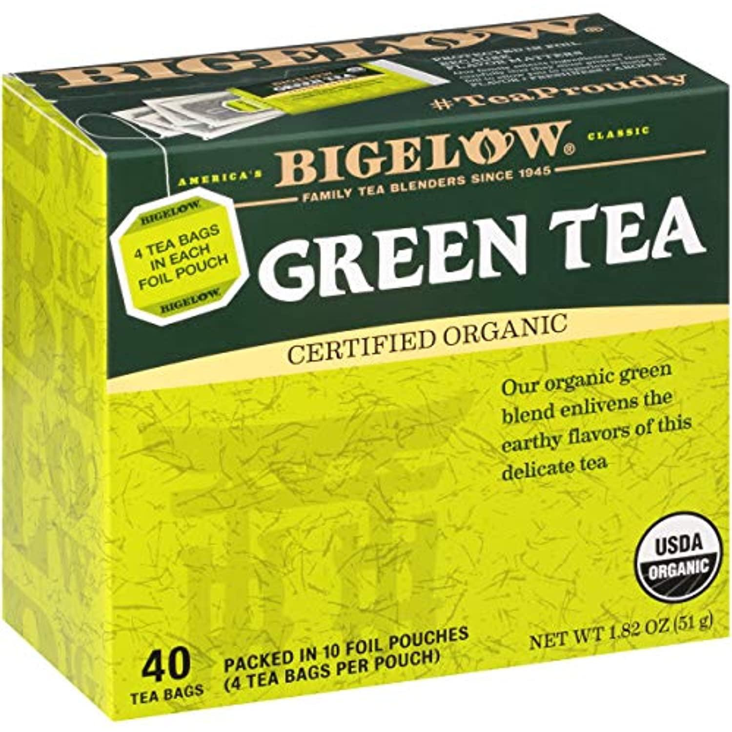 Bigelow Organic Green Tea Bags, 40 Count Box (Pack Of 6) Caffeinated Green Tea, 240 Tea Bags Total