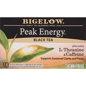 Bigelow Peak Energy Plus Extra L-Theanine & Caffeine, Black Tea Bags, 18 Count