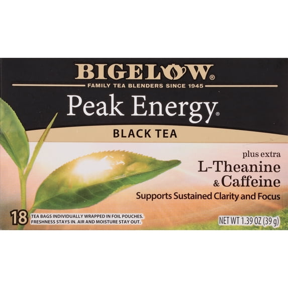 Bigelow Peak Energy Plus Extra L-Theanine & Caffeine, Black Tea Bags, 18 Count