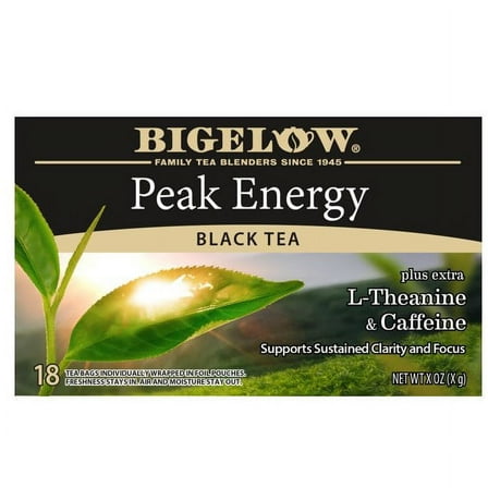 Bigelow Peak Energy Plus Extra L-Theanine & Caffeine, Black Tea Bags, 18 Count