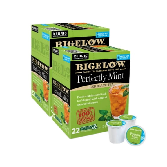 Bigelow Perfectly Mint Iced Black Tea K Cups 2 Pack, Each Box Contains 22 K Cups