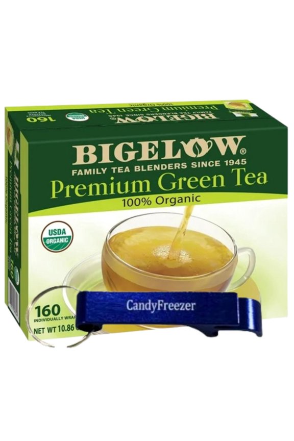 Bigelow Premium Green Tea 100% Organic - 160 Individually Wrapped Tea Bags 10.86 oz with Candy Freezer Bottle Opener Keychain (Green Tea) Keychain