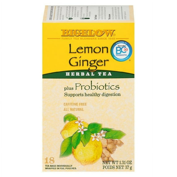 Bigelow Probiotics Herbal Tea Bags Caffeine Free Lemon Ginger 0.07oz x 18 Each Pack of 2