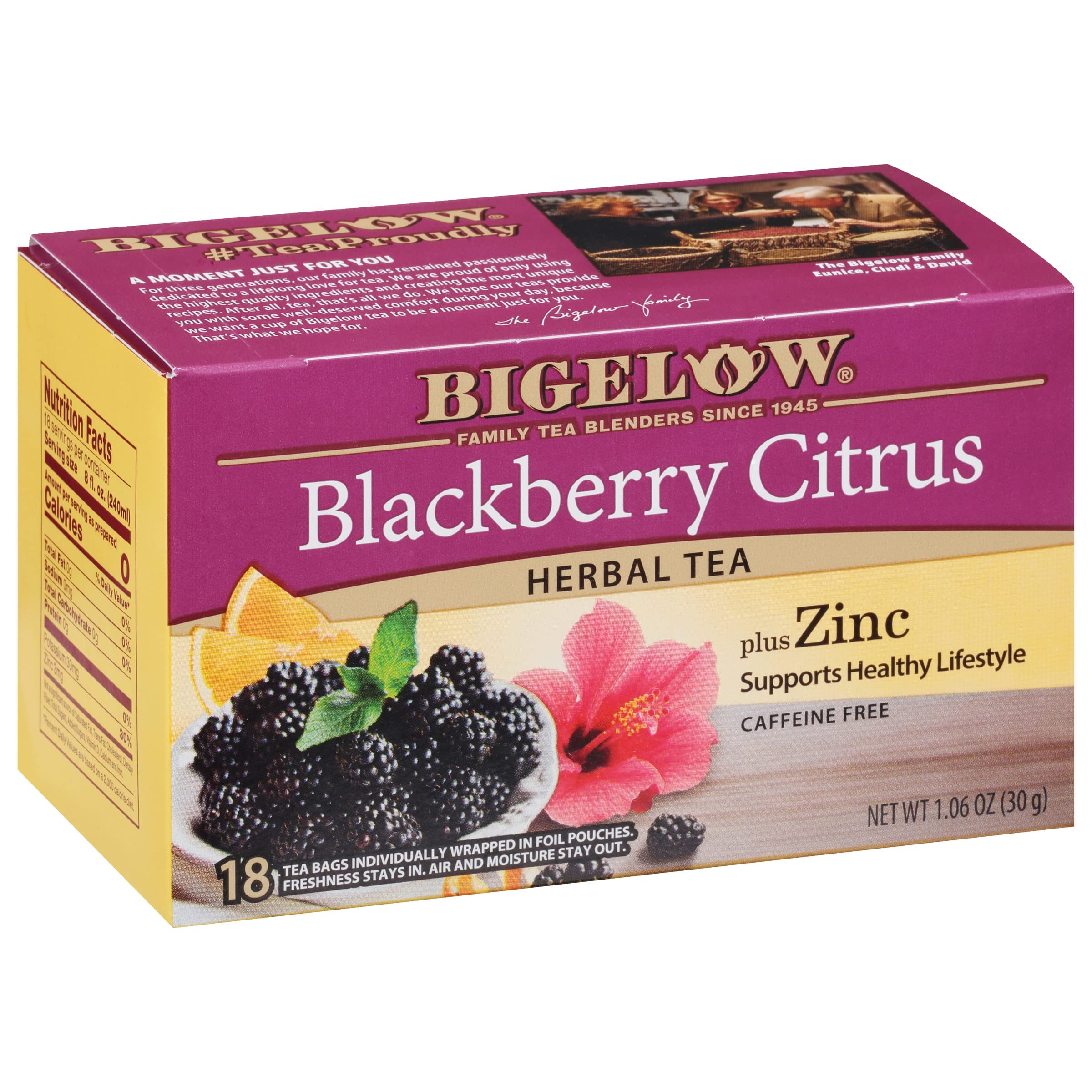 Bigelow Tea Blackberry Citrus Plus Zinc Herbal Tea, Caffeine Free Tea with Blackberry, 18 Count Box (Pack of 6), 108 Total Tea Bags